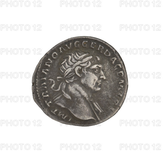 Denarius, Trajan (53–117 CE; Roman emperor 98–117). Obverse: head of Trajan right, decorated with a laurel wreath; rim inscription: IMP TRAIANO AVG GER DAC PM TR. Reverse: Felicitas (personification), standing left in a long robe with draperies, holding a caduceus in her right hand and resting her left hand on a column; rim inscription: COS VP P S P Q R OPTIMO PRINCIPI. Date: 103–111. Roman Empire (27 BCE–476 CE). Rome. Coin. Weight: 3.24 g.