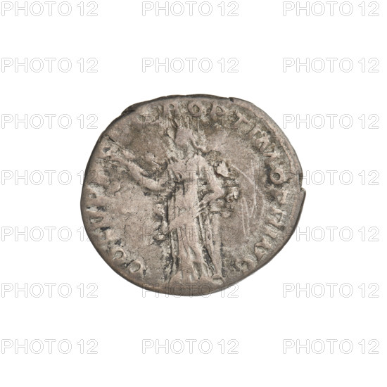 Denarius, Trajan (53–117; Roman emperor 98–117). Obverse: head of Trajan right, decorated with a laurel wreath; rim inscription: IMP TRAIANO AVG GER DAC PM TR. Reverse: Felicitas (personification), standing left in a long robe with draperies, holding a caduceus in her right hand, resting her left hand on a column; rim inscription: COS V, OPTIMO PRINCIPI. Date: 103–111. Roman Empire (27 BC–476). Coin; weight 3.35 g.