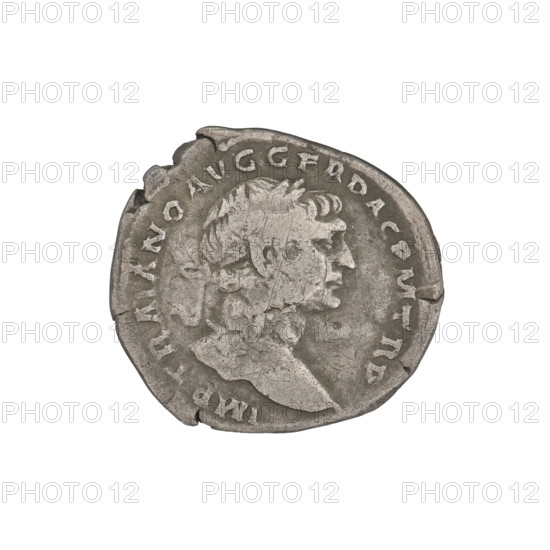 denarius, Trajan (53–117; Roman emperor 98–117); Obv.: head of Trajan to the right, decorated with a laurel wreath; rim inscription: IMP TRAIANO AVG GER DAC PM TR. Rev.: Felicitas (personification), standing left in a long robe with draperies, holding a caduceus in her right hand, resting her left hand on a column; rim inscription: COS VPPSPQR OPTIMO PRINCIPI. 103–111 CE. Roman Empire (27 BCE–476 CE). Rome. Coin; weight 3.10 g.