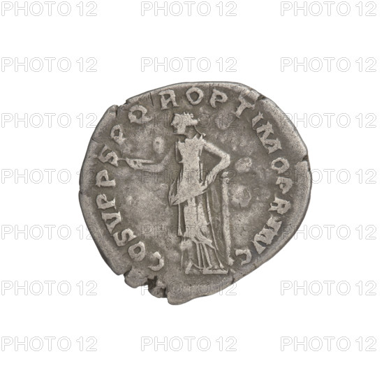 Denarius, Trajan (53–117; Roman emperor 98–117). Obverse: head of Trajan to the right, decorated with a laurel wreath; rim inscription: IMP TRAIANO AVG GER DAC PM TR. Reverse: Felicitas (personification), standing left in a long robe with draperies, holding a caduceus in her right hand and resting her left hand on a column; rim inscription: COS V P P S P Q R OPTIMO PRINCIPI. Date: 103–111. Roman Empire (27 BC–476), Rome. Coin; weight 3.10 g.