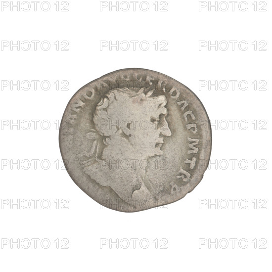 Denarius, Trajan (53–117; Roman emperor 98–117). Obverse: head of Trajan to the right, decorated with a laurel wreath; rim inscription: TRAIANO AVG GER DAC PM TR. Reverse: Felicitas (personification), standing left in a long robe with draperies, holding a caduceus in her right hand, resting her left hand on a column; rim inscription: SPQR OPTIMO PRINCIPI. Date: 103–111. Rome, Roman Empire (27 BC–476). Coin; weight 3.00 g.