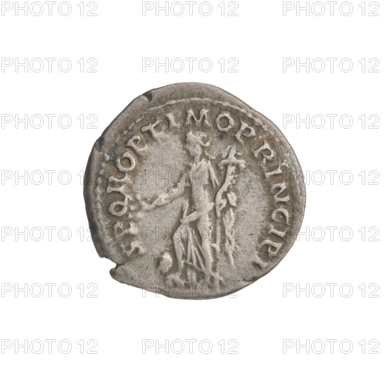 Denarius of Trajan (53–117 CE; Roman emperor 98–117). Obverse: head of Trajan facing right, laurel-wreathed; rim inscription 'IMP TRAIANO AVG GER DAC PM TR COS VPP'. Reverse: Pax standing left, dressed to the waist in a long robe with draperies, holding a caduceus in her right hand and a cornucopia in her left, resting her right leg on the shoulders of a Dacian (only the Dacian's arms and head shown); rim inscription 'SPQR OPTIMO PRINCIPI'. Date: 103–111 CE. Rome, Roman Empire. Coin; weight 3.15 g.