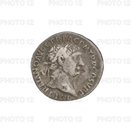 Denarius, Trajan (53–117; Roman emperor 98–117). Obverse: head of Trajan facing right, wearing a laurel wreath; rim inscription: IMP TRAIANO AVG GER DAC PM TR COS V PP. Reverse: Pax standing left, bare to the waist with a long robe and draperies, holding a caduceus in her right hand and a cornucopia in her left, resting her right leg on the shoulders of a Dacian (only the Dacian's arms and head shown); rim inscription: SPQR OPTIMO PRINCIPI. Date: 103–111 CE. Roman Empire (27 BC–476). Rome. Coin; weight 3.05 g.
