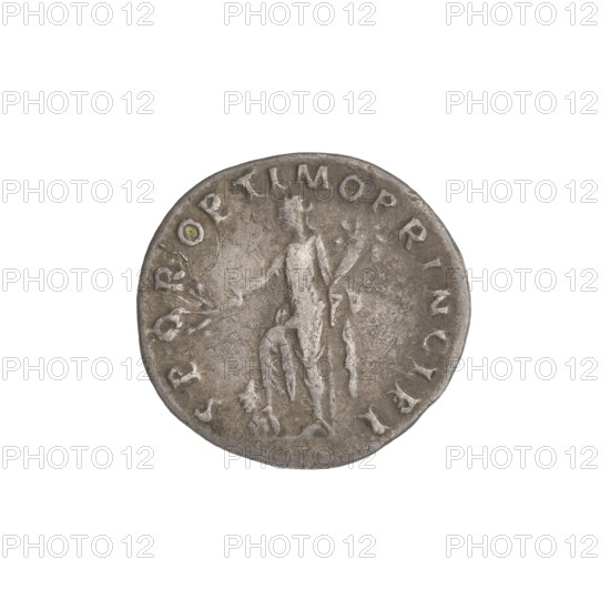 Denarius of Trajan (53–117; Roman emperor 98–117). Obverse: head of Trajan facing right, laurel-wreathed; rim inscription 'IMP TRAIANO AVG GER DAC PM TR COS V PP'. Reverse: Pax standing left, partially draped to the waist in a long robe with draperies, holding a caduceus in her right hand and a cornucopia in her left, resting her right leg on the shoulders of a Dacian (only the Dacian's arms and head shown); rim inscription 'SPQR OPTIMO PRINCIPI'. Date: 103–111. Roman Empire (27 BC–476). Medium: coin (denarius). Weight: 3.05 g.