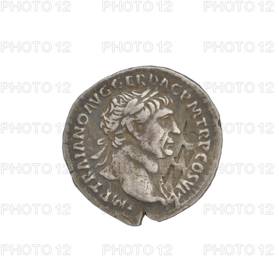 Denarius of Trajan (53–117; Roman emperor 98–117). Obverse: head of Trajan facing right, wearing a laurel wreath; rim inscription IMP TRAIANO AVG GER DAC PM TR COS VPP. Reverse: Pax standing left, dressed to the waist in a long robe with draperies, holding a caduceus in her right hand and a cornucopia in her left, resting her right leg on the shoulders of a Dacian (only the Dacian's arms and head shown); rim inscription SPQR OPTIMO PRINCIPI. Date: 103–111. Roman Empire (27 BC–476), Rome. Coin; weight 2.85 g.