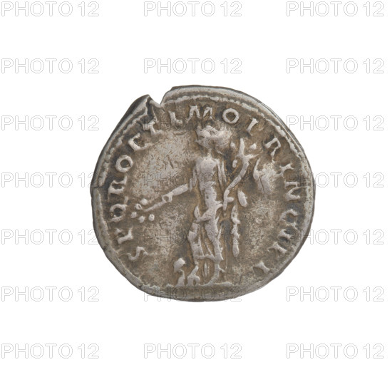 denarius, Trajan (53–117; Roman emperor 98–117); Obv.: head of Trajan facing right, decorated with a laurel wreath; rim inscription: IMP TRAIANO AVG GER DAC PM TR COS V PP. Rev.: Pax standing left, dressed to the waist in a long robe with draperies, holding a caduceus in her right hand and a cornucopia in her left, resting her right leg on the shoulders of a Dacian (only the Dacian's arms and head shown); rim inscription: SPQR OPTIMO PRINCIPI. Date: 103–111. Roman Empire (27 BC–476), Rome. Coin; weight 2.85 g.