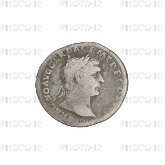 Denarius, Trajan (53–117; Roman emperor 98–117). Obverse: head of Trajan right, decorated with a laurel wreath; rim inscription IMP TRAIANO AVG GER DAC PM TR CO. Reverse: Pax standing left, bare to the waist in a long robe with draperies, holding a caduceus in her right hand and a cornucopia in her left, resting her right leg on the shoulders of a Dacian (only the Dacian's arms and head shown); rim inscription SPQR OPTIMO PRINCIPI. Date: 103–111. Roman Empire (27 BC–476), Rome. Coin; weight 3.05 g.