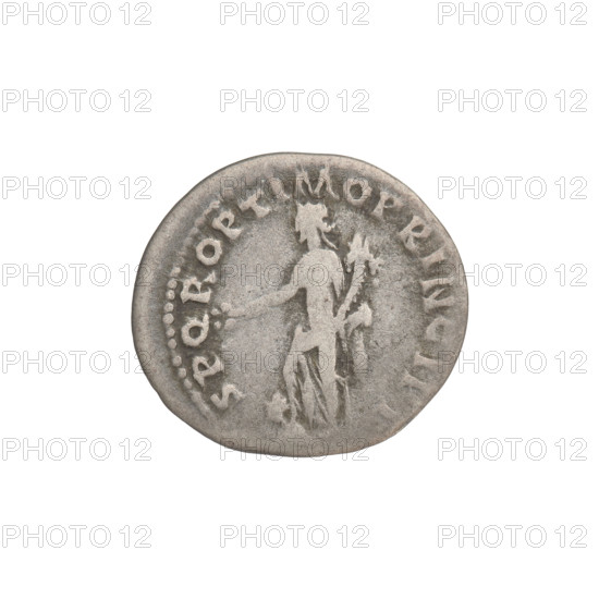 Denarius, Trajan (53–117; Roman emperor 98–117). Obverse: head of Trajan right, decorated with a laurel wreath; rim inscription 'IMP TRAIANO AVG GER DAC PM TR CO'. Reverse: Pax standing left, dressed to the waist in a long robe with draperies, holding a caduceus in her right hand and a cornucopia in her left, resting her right leg on the shoulders of a Dacian (only the Dacian's arms and head are shown); rim inscription 'SPQR OPTIMO PRINCIPI'. Date: 103–111. Roman Empire (27 BC–476). Rome. Coin; weight 3.05 g.