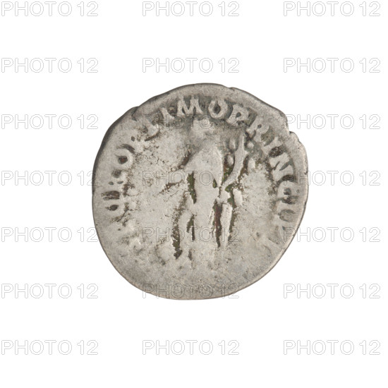 Denarius of Emperor Trajan (53–117; ruled 98–117). Obverse: bust of Trajan right, laurel-wreathed; rim inscription IMP AVG GER DAC PM TR COS VPP. Reverse: Pax standing left, robed to the waist, holding a caduceus in her right hand and a cornucopia in her left, resting her right leg on the shoulders of a Dacian (only the Dacian's arms and head shown); rim inscription SPQR OPTIMO PRINCIPI. Date: 103–111. Roman Empire (27 BC–476). Rome. Coin; weight 2.85 g.