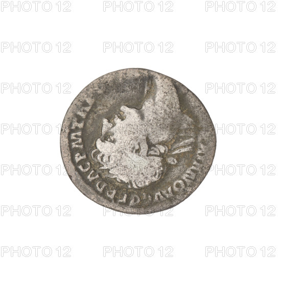 Denarius, Trajan (53–117; Roman emperor 98–117). Obverse: head of Trajan right, decorated with a laurel wreath; rim inscription TRAIANO AVG GER DAC PMT. Reverse: Pax standing left, dressed to the waist in a long robe with draperies, holding a caduceus in her right hand and a cornucopia in her left, resting her right leg on the shoulders of a Dacian (only the Dacian's arms and head are shown); rim inscription PRINCIPI. Date: 103–111. Roman Empire (27 BC–476), Rome. Coin; weight 2.98 g.