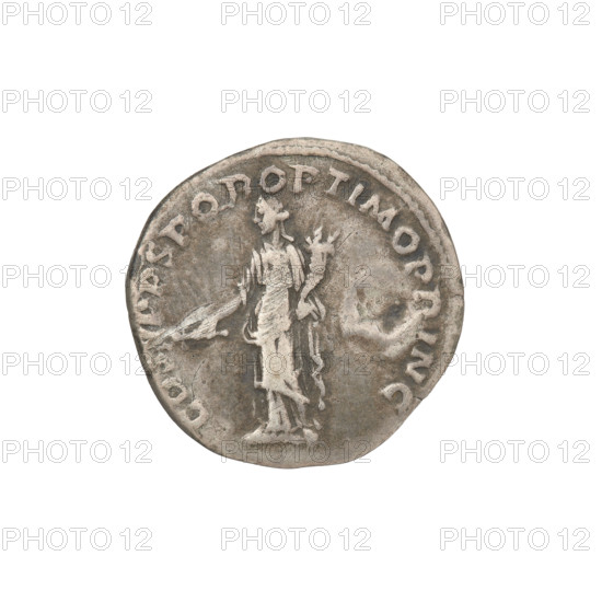 Denarius, Trajan (53–117; Roman emperor 98–117). Obverse: head of Trajan right, decorated with a laurel wreath; rim inscription. Reverse: Pax standing left, dressed only to the waist in a long robe with draperies, holding a caduceus in her right hand and a horn of plenty in her left; rim inscription: COS V P P S P Q R OPTIMO PRINC. Date: 103–111. Roman Empire (27 BC–476), Rome. Coin; weight 3.19 g.