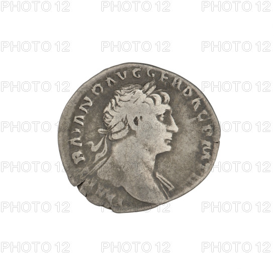 Denarius of Trajan (53–117 CE; Roman emperor 98–117). Obverse: head of Trajan right, decorated with a laurel wreath; rim inscription. Reverse: Pax standing left in a long robe with drapery, holding a torch in her right hand with which she ignites a pile of armor and shields lying in front of her, and a cornucopia in her left hand; rim inscription includes COS VP P SPQR OPTIMO PRINC and the word 'PAX'. Date: 103–111 CE. Roman Empire (27 BC–476). Rome. Coin; weight 3.22 g.