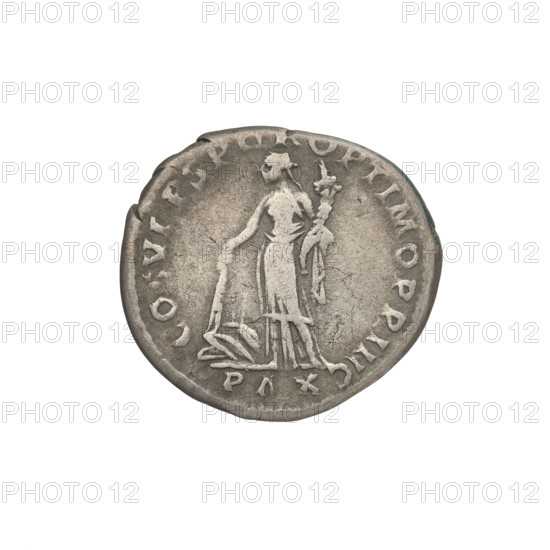 denarius, Trajan (53–117; Roman emperor 98–117); Obv.: head of Trajan right, decorated with a laurel wreath; rim inscription: O AVG GER DAC PM TR. Rev.: Pax standing left in a long robe with draperies, in her right hand a torch with which she ignites a pile of armor and shields lying in front of her, a cornucopia in her left hand; rim inscription: COS VP P SPQR OPTIMO PRINC and the word 'PAX' in the field. Date: 103–111. Roman Empire (27 BC–476), Rome. Coin; weight 3.22 g.