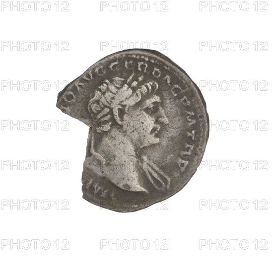 Denarius, Trajan (53–117; Roman emperor 98–117). Obverse: head of Trajan right, decorated with a laurel wreath; rim inscription. Reverse: Pax (personification), standing left in a long robe with draperies, holding a torch in her right hand with which she ignites a pile of armor and shields lying in front of her, and a cornucopia in her left hand; rim inscription SPQR OPTIMO PRINC. Episode includes the word 'PAX.' Damaged coin, a piece detached. Date: 103–111. Roman Empire (27 BC–476), Rome. Coin; weight 3.24 g.