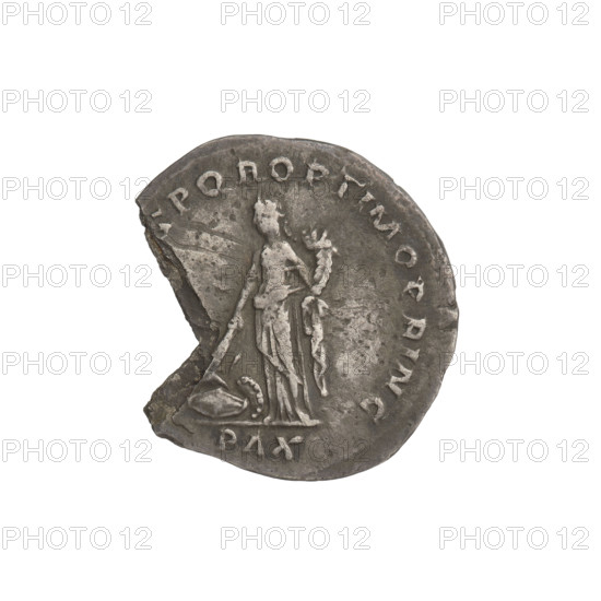 Denarius of Trajan (53–117; Roman emperor 98–117). Obverse: head of Trajan right, decorated with a laurel wreath; rim inscription. Reverse: Pax standing left in a long robe with draperies, holding a torch in her right hand with which she ignites a pile of armor and shields lying in front of her, and a cornucopia in her left hand; rim inscription SPQR OPTIMO PRINC; in the legend the word 'PAX'. Damaged coin, a piece detached. Date: 103–111. Roman Empire (27 BC–476). Rome. Coin; weight 3.24 g.