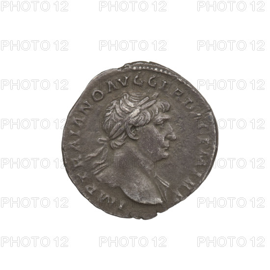 Denarius of Trajan (53–117; Roman emperor 98–117), 103–111 CE. Obverse: head of Trajan right, laureate; rim inscription IMP TRAIANO AVG GER DAC PM TR. Reverse: Pax standing left in a long robe, holding a torch in her right hand with which she ignites a pile of armor and shields, and a cornucopia in her left; rim inscription COS VP P SPQR OPTIMO PRINC and the word 'PAX' in the field. Silver coin, weight 2.78 g, Roman Empire (27 BC–476), Rome.