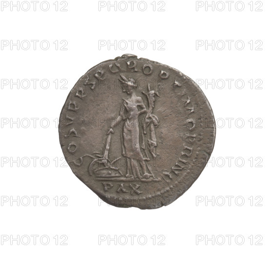 Denarius of Trajan (53–117 CE; Roman emperor 98–117). Obverse: head of Trajan right, laurel-wreathed; rim inscription: IMP TRAIANO AVG GER DAC PM TR. Reverse: Pax standing left in a long robe with drapery, holding a torch in her right hand with which she ignites a pile of armor and shields before her, and a cornucopia in her left; rim inscription: COS VPPSPQR OPTIMO PRINC; in the field the word 'PAX'. Date: 103–111 CE. Roman Empire (27 BC–476). Rome. Coin; weight 2.78 g.