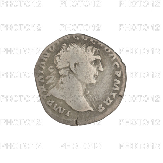 Denarius of Trajan (53–117; Roman emperor 98–117). Obverse: head of Trajan facing right, laurel-wreathed; rim inscription: IMP TRAIANO AVG GER DAC PM TR. Reverse: Roma seated left in military attire wearing a helmet, holding Victoria in her outstretched right hand and a vertical spear in her left; rim inscription: COS VP P SPQ R OPTIMO PRINC. Date: 103–111. Roman Empire (27 BC–476), Rome. Coin; weight 3.07 g.