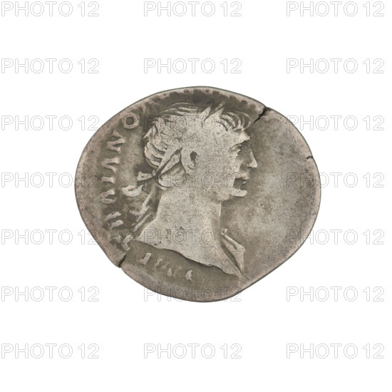 Denarius, Trajan (53–117; Roman emperor 98–117). Obverse: head of Trajan facing right, decorated with a laurel wreath; rim inscription: IMP TRAIANO A. Reverse: Roma seated left, dressed in military attire, wearing a helmet, holding Victoria in her outstretched right hand and a spear vertically in her left; rim inscription: COS VPPSPQR. Date: 103–111. Roman Empire (27 BC–476). Rome. Coin; weight 2.91 g.