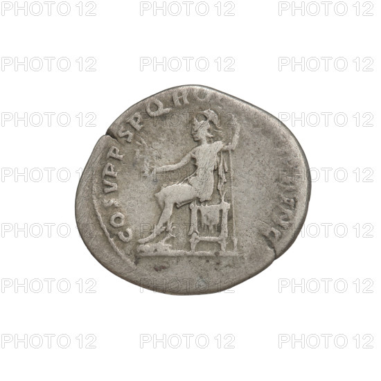 Denarius, Trajan (53–117; Roman emperor 98–117). Obverse: head of Trajan facing right, decorated with a laurel wreath; rim inscription IMP TRAIANO A. Reverse: Roma seated left, dressed in military attire, wearing a helmet, holding Victoria in her outstretched right hand and a spear vertically in her left; rim inscription COS VPPSPQR. 103–111, Roman Empire (27 BC–476). Rome. Coin; weight 2.91 g.