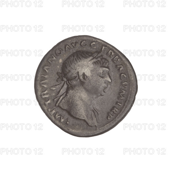 Denarius, Trajan (53–117; Roman emperor 98–117). Obverse: head of Trajan right, laurel-wreathed; rim inscription IMP TRAIANO AVG GER DAC PM TR. Reverse: Roma seated left in military attire, wearing a helmet, holding Victoria in her outstretched right hand and a vertical spear in her left; rim inscription COS VP P SPQR OPTIMO PRINC. Date: 103–111. Roman Empire (27 BC–476). Rome. Coin; weight 3.07 g.