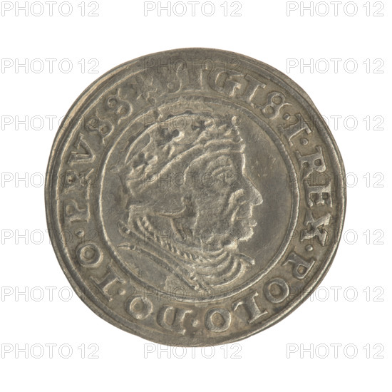 Gdansk grosz, Sigismund I the Old (King of Poland; 1506–1548). Polish coin (1540). Obverse: Crowned male bust in profile facing right; in rim between pearl-shaped borders inscription: .SIGIS.I.REX.POLO.DO.TO.PRVSS. Reverse: Coat of arms of Gdansk; in rim between pearl-shaped borders inscription: .GROSSVS.CIVI.GEDANEN.1540. Poland, Gdansk.