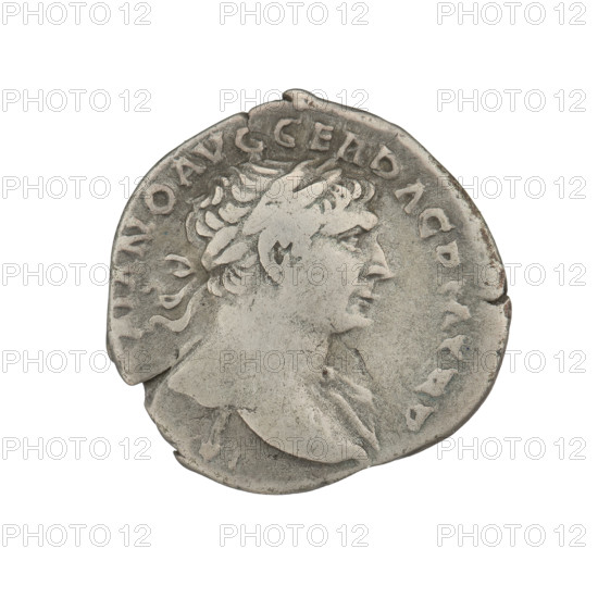 Denarius, Trajan (53–117; Roman emperor 98–117). Obverse: head of Trajan right, decorated with a laurel wreath; rim inscription: AIANO AVG GER DAC PM TR. Reverse: Roma seated left, dressed in military attire, wearing a helmet, holding Victoria in her outstretched right hand and a spear vertically in her left; rim inscription: COS VPP SPQR OPTIMO PRINC. Date: 103–111. Roman Empire (27 BC–476). Rome. Coin. Weight: 3.20 g.