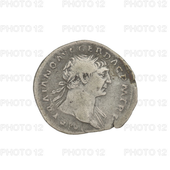 Denarius of Trajan (53–117; Roman emperor 98–117). Obverse: head of Trajan right, decorated with a laurel wreath; rim inscription: IMP TRAIANO AVG GER DAC PM TR. Reverse: Roma seated left, dressed in military attire, wearing a helmet, holding Victoria in her outstretched right hand and a spear vertically in her left; rim inscription: COS VP P SP QR OPTIMO PRINC. Date: 103–111. Roman Empire (27 BC–476). Coin, weight 3.39 g.