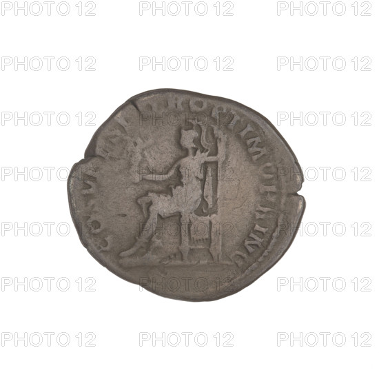 Denarius, Trajan (53–117; Roman emperor 98–117). Obverse: head of Trajan right, decorated with a laurel wreath; rim inscription. Reverse: Roma seated left, dressed in military attire, wearing a helmet, holding Victoria in her outstretched right hand and a spear vertically in her left; rim inscription: COS V, R OPTIMO PRINC. Date: 103–111. Roman Empire (27 BC–476). Rome. Coin; weight 2.85 g.