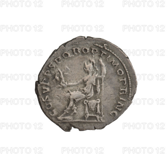 Denarius, Trajan (53–117; Roman emperor 98–117). Obverse: head of Trajan right, decorated with a laurel wreath; rim inscription: IMP TRAIAN ER DAC PM TRP. Reverse: Roma seated left, dressed in military attire, wearing a helmet, holding Victoria in her outstretched right hand and a spear vertically in her left; rim inscription: COS VP P SPQR OPTIMO PRINC. Date: 103–111. Roman Empire (27 BC–476). Rome. Coin; weight 3.47 g.