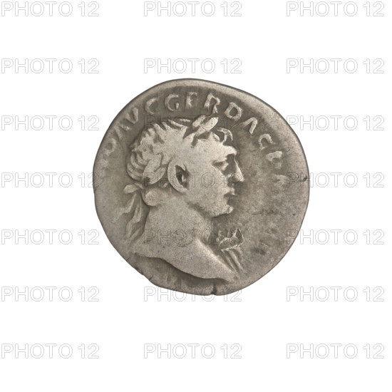 Denarius, Trajan (53–117; Roman emperor 98–117). Obverse: head of Trajan right, decorated with a laurel wreath; rim inscription ANO AVG GER DAC PM. Reverse: Roma seated left, dressed in military attire, wearing a helmet, holding Victoria in her outstretched right hand and a spear vertically in her left; rim inscription COS VPPSPQR, RINC. Date: 103–111. Roman Empire (27 BC–476). Material: coin. Weight: 3.22 g. Subjects: spears; heads; Roma (mythology); laurel wreaths.