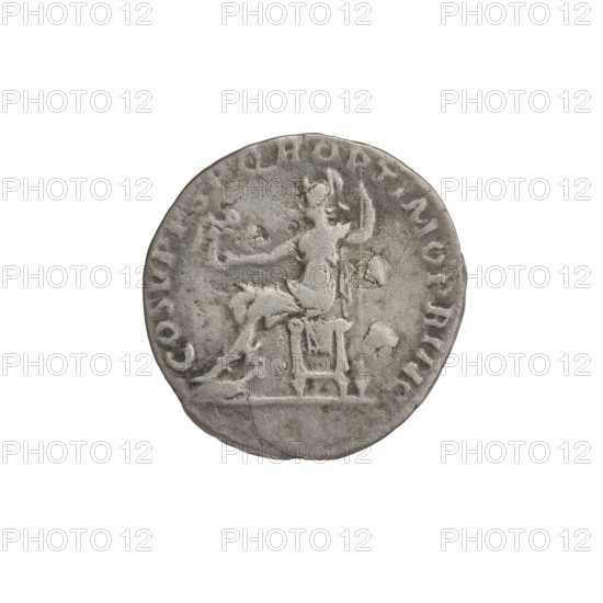Denarius, Trajan (53–117; Roman emperor 98–117). Obverse: head of Trajan facing right, decorated with a laurel wreath; rim inscription IMP TRAIANO AVG GER DAC PM TRP. Reverse: Roma seated left, dressed in military attire, wearing a helmet, holding Victoria in her outstretched right hand and a spear vertically in her left; rim inscription COS VPP SPQR OPTIMO PRINC. Date: 103–111. Roman Empire (27 BC–476). Rome. Coin; weight 2.80 g.