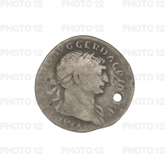 Denarius, Trajan (53–117; Roman emperor 98–117). Obverse: head of Trajan right, decorated with a laurel wreath; rim inscription: IMP AVG GER DAC PM TRP. Reverse: Roma seated left, dressed in military clothing, wearing a helmet, holding Victoria in her outstretched right hand and a spear vertically in her left; rim inscription: COS VP P SPQR OPTIMO PRINC. Coin intentionally pierced (round hole). Date: 103–111. Roman Empire (27 BC–476). Rome. Coin; weight 3.21 g.