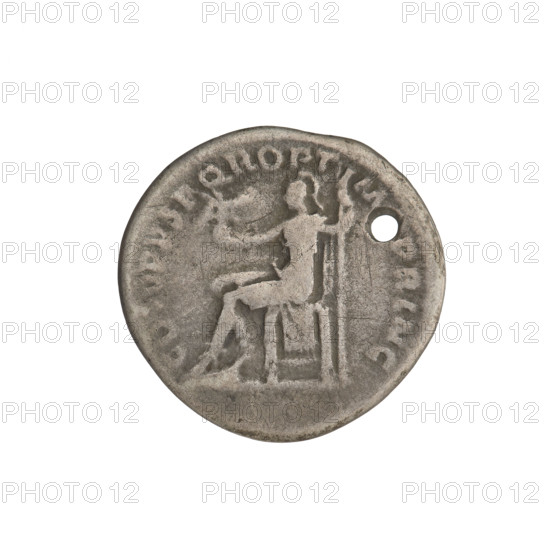 Denarius, Trajan (53–117; Roman emperor 98–117). Obverse: head of Trajan right, decorated with a laurel wreath; rim inscription: IMP · AVG · GER · DAC · PM · TRP. Reverse: Roma seated left, dressed in military clothing, wearing a helmet, holding Victoria in her outstretched right hand, holding a spear vertically in her left; rim inscription: COS · VPP · SPQR · OPTIMO · PRINC. Coin intentionally pierced (round hole). Date: 103–111. Roman Empire (27 BC–476). Rome. Coin; weight 3.21 g.
