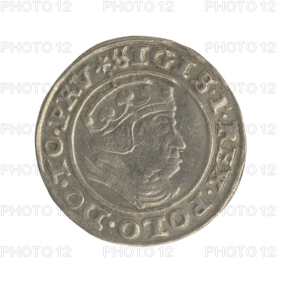 Gdansk grosz, Sigismund I the Old (King of Poland; 1506–1548). Polish coin (1540). Obverse: Crowned male bust in profile turned to the right; in the rim between pearl-shaped borders an inscription: .SIGIS.I.REX.POLO.DO.TO.PRV. Reverse: Coat of arms of Gdansk; in the rim between pearl-shaped borders an inscription: .GROSSVS.CIVI.GEDANEN.1540. Subjects: male/royal busts; iconography of Sigismund I the Old; city coat of arms. Materials: coin (metal). Location/date: Poland, Gdansk; 1540.