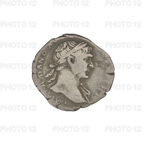 Denarius, Trajan (53–117; Roman emperor 98–117). Obverse: head of Trajan facing right, decorated with a laurel wreath; rim inscription 'IMP TRAIANO'. Reverse: Roma standing left, dressed in military attire, wearing a helmet, holding Victoria in her outstretched right hand and a spear vertically in her left; rim inscription 'COS VPP, IMO PRINC'. Date: 103–111. Rome, Roman Empire (27 BC–476). Coin; weight 3.12 g.