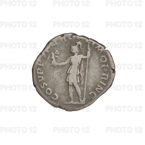 Denarius, Trajan (53–117; Roman emperor 98–117). Obverse: head of Trajan facing right, decorated with a laurel wreath; rim inscription IMP TRAIANO. Reverse: Roma standing left, dressed in military attire, wearing a helmet, holding Victoria in her outstretched right hand and a spear vertically in her left; rim inscription COS VPP, IMO PRINC. Date: 103–111. Rome, Roman Empire (27 BC–476). Coin, weight 3.12 g.