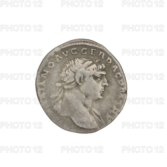 Denarius, Trajan (53–117; Roman emperor 98–117). Obverse: head of Trajan right, decorated with a laurel wreath; rim inscription. Reverse: Roma standing left, dressed in military attire, wearing a helmet, holding Victoria in her outstretched right hand and a spear vertically in her left; rim inscription: COS VPPSPQR OPTIMO PRINC. Date: 103–111. Rome, Roman Empire (27 BC–476). Coin; weight 3.30 g.