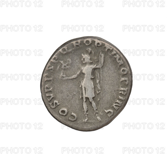 denarius, Trajan (53–117; Roman emperor 98–117); obverse: head of Trajan right, decorated with a laurel wreath; rim inscription; reverse: Roma standing left, dressed in military attire, wearing a helmet, holding Victoria in her outstretched right hand and a spear vertically in her left; rim inscription: COS VPPSPQR OPTIMO PRINC; dated 103–111; Rome, Roman Empire (27 BC–476); coin; weight 3.30 g