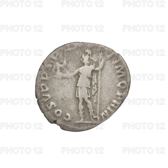 Denarius, Trajan (53–117; Roman emperor 98–117). Obverse: head of Trajan right, decorated with a laurel wreath; rim inscription IMP TRAIANO AVG, PM TRP. Reverse: Roma standing left, dressed in military attire, wearing a helmet, holding Victoria in her outstretched right hand and a spear vertically in her left; rim inscription COS V PP S P Q R OPTIMO PRINC. Date: 103–111. Roman Empire (27 BC–476). Material: coin. Weight: 2.75 g.