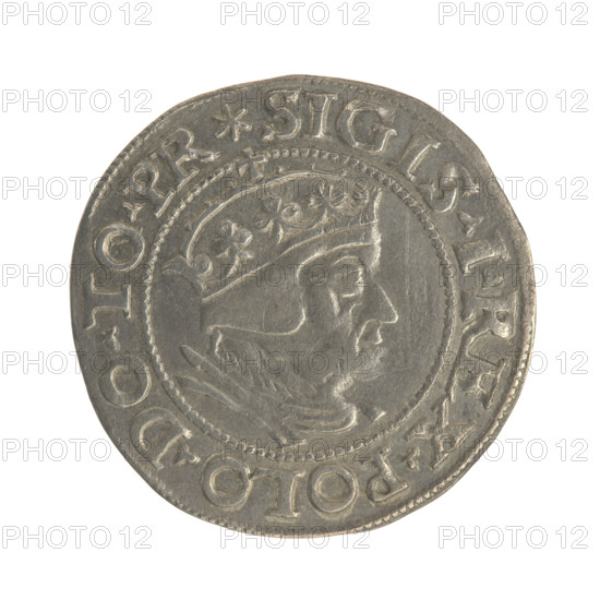 Gdansk grosz, Sigismund I the Old (King of Poland; 1506–1548). Polish coin, Jagiellon dynasty. Obverse: Crowned male bust in profile facing right; rim between pearl-shaped borders with inscription: .SIGIS.I.REX.POLO.DO.TO.PR. Reverse: Coat of arms of Gdansk; rim between pearl-shaped borders with inscription: .GROSS.CIVI.GEDANENS.1548. Dated 1548. Poland, Gdansk.