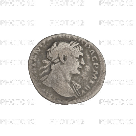 Denarius, Trajan (53–117; Roman emperor 98–117). Obverse: head of Trajan facing right, laurel-wreathed; rim inscription 'IMP TRAIANO DAC PM TRP'. Reverse: Roma standing left in military attire with helmet, holding Victoria in her outstretched right hand and a vertical spear in her left; rim inscription 'COS VPPSPQR OPTIMO PRINC'. Date: 103–111. Roman Empire (27 BC–476). Rome. Coin, weight 3.35 g.