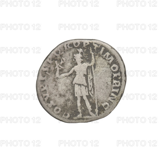 Denarius, Trajan (53–117; Roman emperor 98–117). Obverse: head of Trajan facing right, wearing a laurel wreath; rim inscription IMP TRAIANO AVG GER DAC PM TRP. Reverse: Roma standing left, dressed in military attire, wearing a helmet, holding Victoria in her outstretched right hand and a spear vertically in her left; rim inscription COS VP P SPQR OPTIMO PRINC. Date: 103–111. Roman Empire (27 BC–476). Rome. Coin, weight 3.29 g.