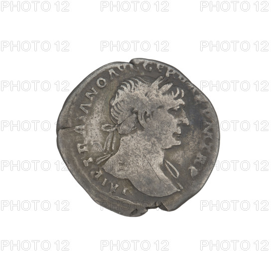 Denarius, Trajan (53–117; Roman emperor 98–117). Obverse: head of Trajan facing right, laurel-wreathed; rim inscription IMP TRAIANO AVG GER DAC PM TRP. Reverse: Roma standing left in military dress with helmet, holding Victoria in her outstretched right hand and a spear vertically in her left; rim inscription COS VP P SPQR OPTIMO PRINC. Date: 103–111. Roman Empire (27 BC–476). Rome. Coin. Weight: 2.78 g.