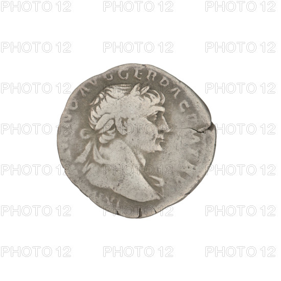 Denarius of Trajan (53–117; Roman emperor 98–117). Obverse: head of Trajan right, decorated with a laurel wreath; rim inscription: AVG GER DAC PM. Reverse: Roma standing left, dressed in military attire, wearing a helmet, holding Victoria in her outstretched right hand and a spear vertically in her left; rim inscription: COS VP P SPQR OP. Date: 103–111. Roman Empire (27 BC–476). Rome. Coin, weight 2.78 g.