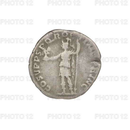 Denarius; Trajan (53–117; Roman emperor 98–117). Obverse: head of Trajan right, decorated with a laurel wreath; rim inscription 'AVG GER DAC PM'. Reverse: Roma standing left, dressed in military attire, wearing a helmet, holding Victoria in her outstretched right hand and a spear vertically in her left; rim inscription 'COS VPP SPQR OP'. Date: 103–111. Roman Empire (27 BC–476). Rome. Coin. Weight 2.78 g.