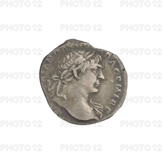 Denarius, Trajan (53–117; Roman emperor 98–117). Obverse: head of Trajan right, decorated with a laurel wreath; rim inscription: ANO AVG GER DAC PM TRP. Reverse: Roma standing left, dressed in military clothing, wearing a helmet, holding Victoria in her outstretched right hand and a spear vertically in her left; rim inscription: QR OPTIMO PRINC. Note: seriously damaged coin, dated 103–111. Roman Empire (27 BC–476). Rome. Coin; weight 2.63 g.