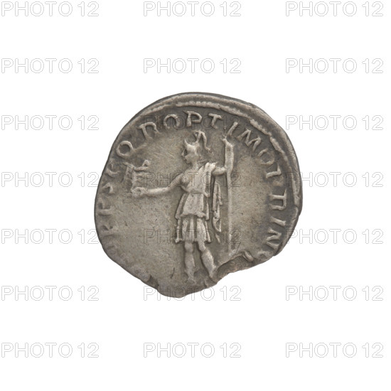 Denarius, Trajan (53–117; Roman emperor 98–117). Obverse: head of Trajan right, wearing a laurel wreath; rim inscription ANO AVG GER DAC PM TRP. Reverse: Roma standing left, in military dress with helmet, holding Victoria in her outstretched right hand and a vertical spear in her left; rim inscription QR OPTIMO PRINC. Seriously damaged coin, dated 103–111. Roman Empire (27 BC–476). Rome. Coin; weight 2.63 g.