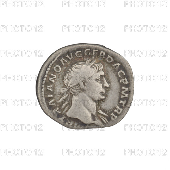 Denarius, Trajan (53–117; Roman emperor 98–117). Obverse: head of Trajan right, laurel wreath; rim inscription IMP TRAIANO AVG GER DAC PM TRP. Reverse: Spes (personification), standing left, wearing a long draped robe, holding a flower in her right outstretched hand and slightly raising/supporting her robe with her left hand; rim inscription COS V P P S P Q R OPTIMO PRINC. Date: 103–111. Roman Empire (27 BC–476), Rome. Coin; weight 2.90 g.