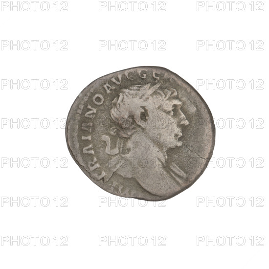 Denarius, Trajan (53–117; Roman emperor 98–117). Obverse: head of Trajan facing right, decorated with a laurel wreath; rim inscription: IMP TRAIANO AVG GER DAC PM TRP. Reverse: Roma, standing left, dressed in military attire, wearing a helmet, holding Victoria in her outstretched right hand and a spear vertically in her left; rim inscription: COS VPPSPQR OPTIMO PRINC. Date: 103–111. Roman Empire (27 BC–476). Rome. Coin. Weight: 2.93 g.